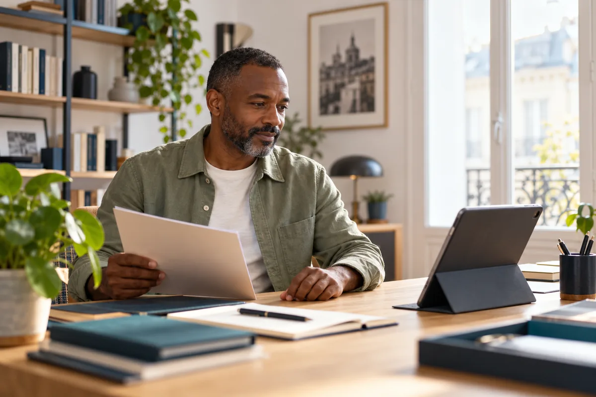 Un assuré compare ses documents papier avec les informations consultées sur une tablette