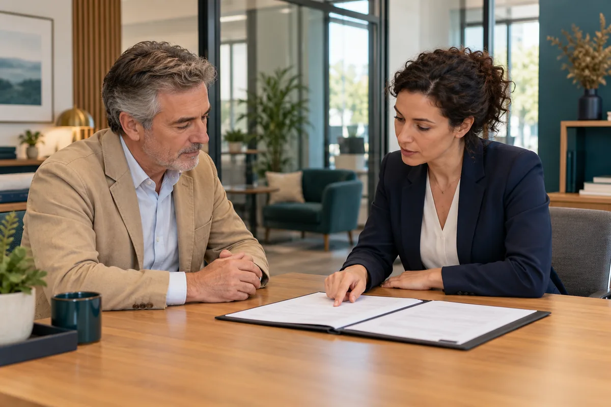 Une conseillère et un client examinent les documents d’une demande de devis d’assurance