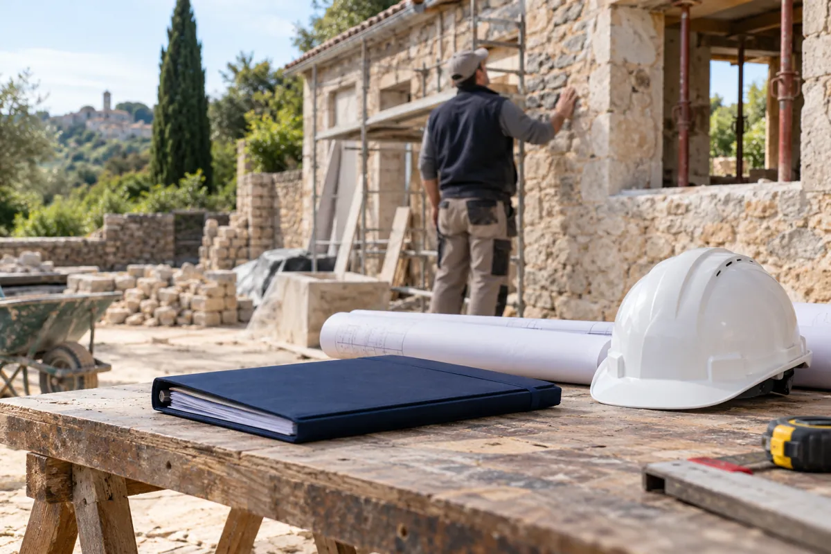 Dossier de chantier et casque sur un établi devant une rénovation en maçonnerie