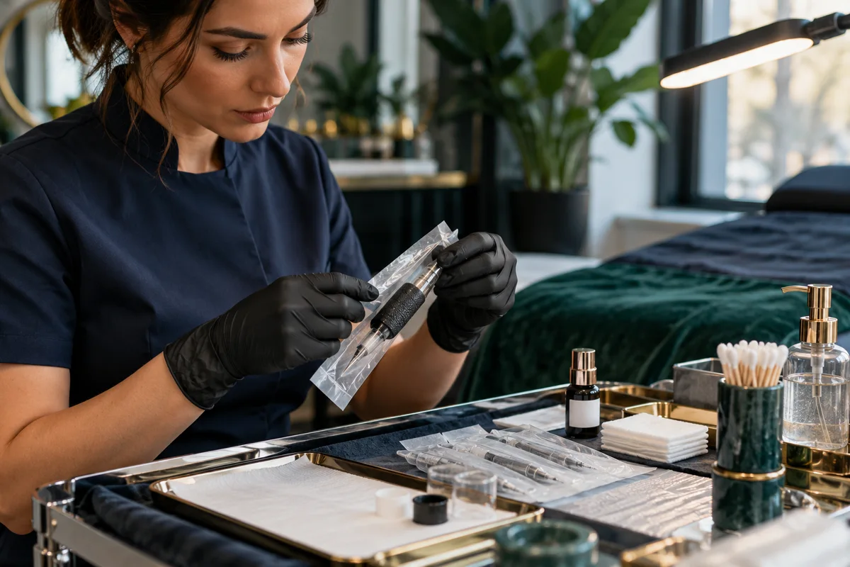 Professionnelle préparant le matériel de maquillage permanent