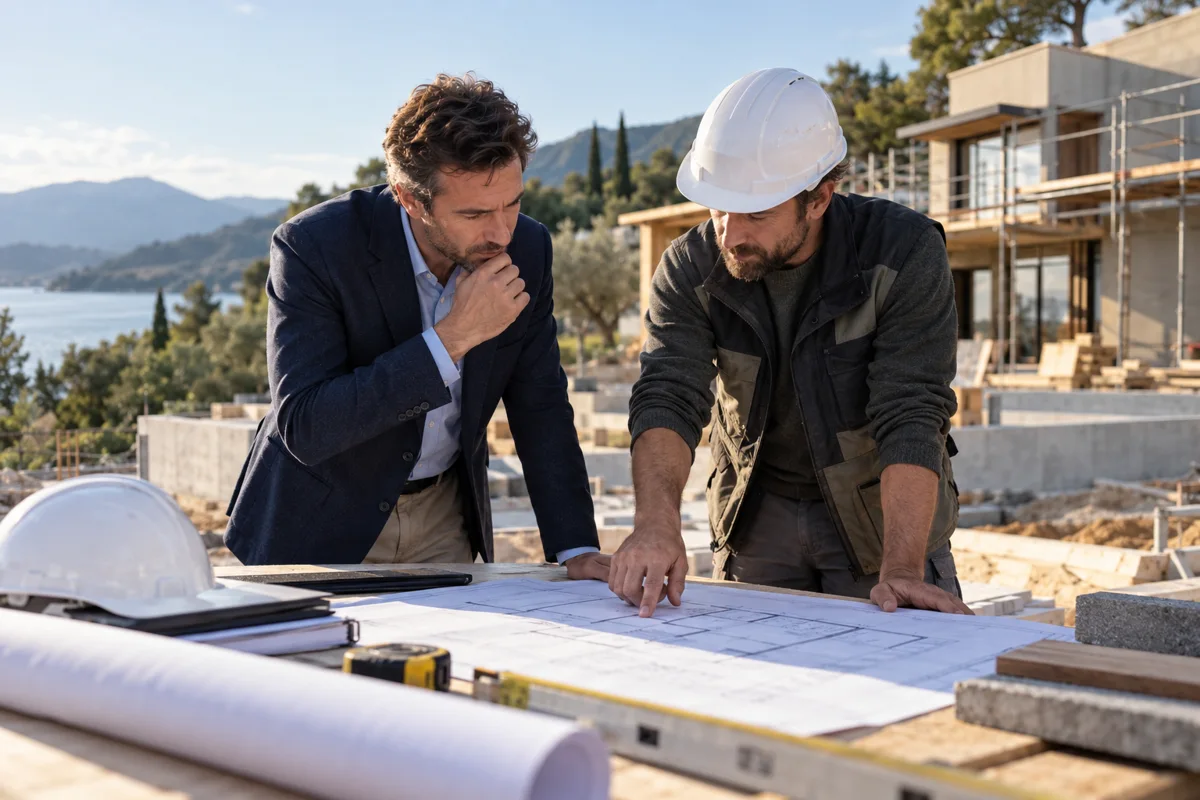 Artisan et maître d’ouvrage vérifiant un dossier avant un chantier