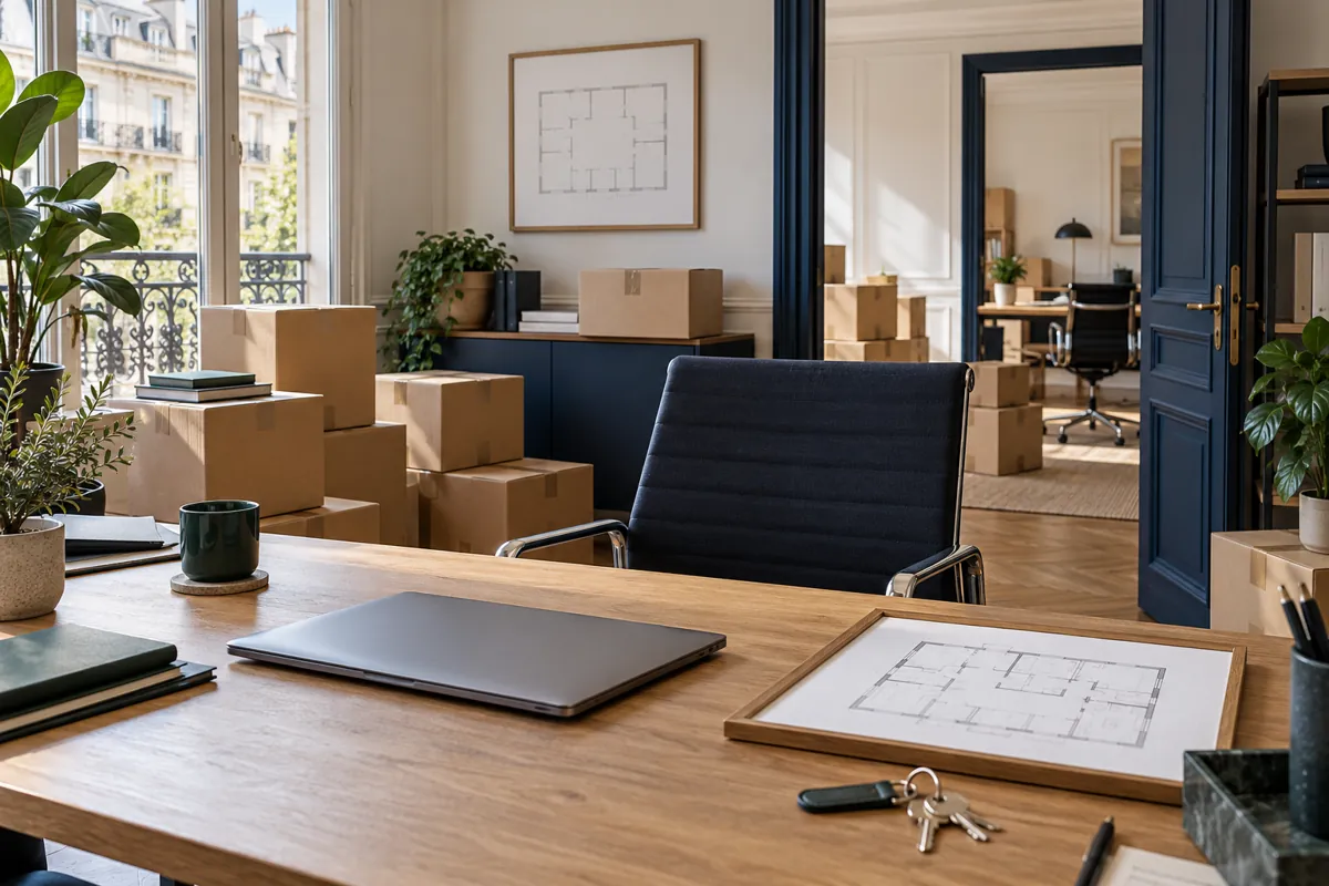 Bureau professionnel lumineux avec espaces de travail et documents