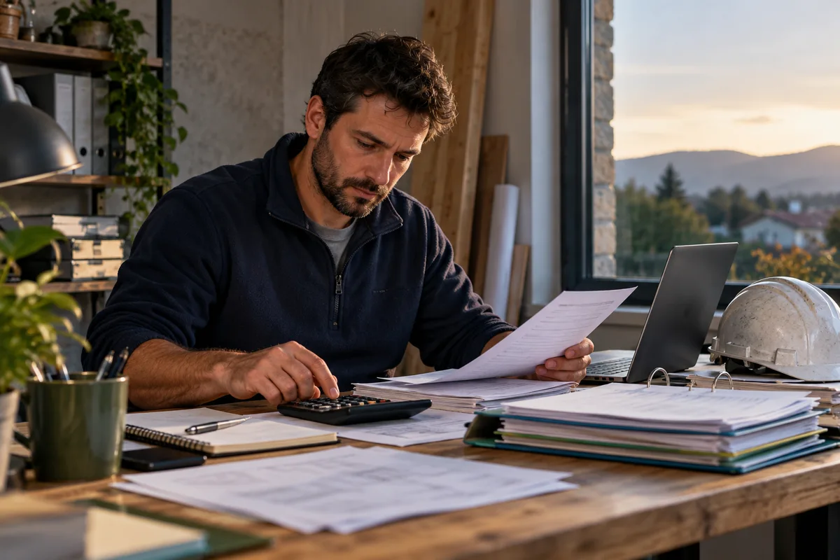Artisan préparant ses documents et calculs à son bureau