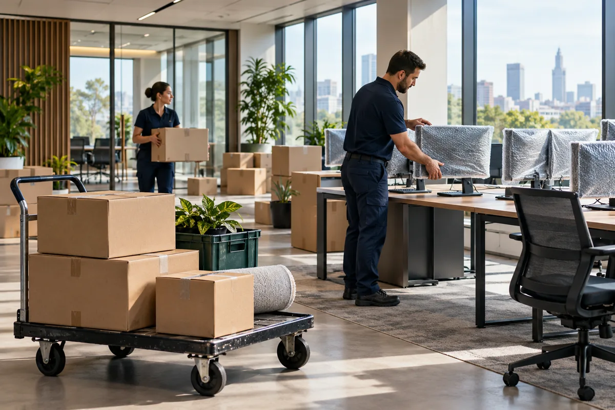Équipe installant cartons et écrans protégés dans de nouveaux bureaux