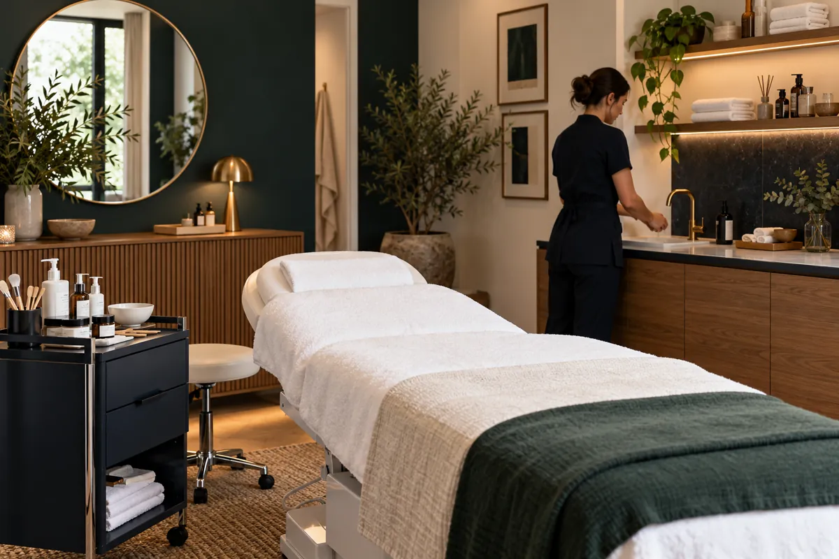 Cabine de soins esthétique lumineuse avec une professionnelle préparant son espace de travail