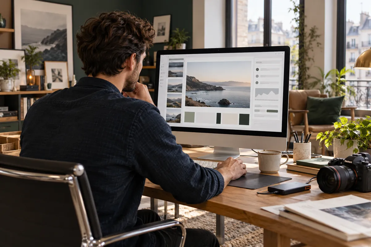 Professionnelle de la communication préparant des visuels sur son poste de travail
