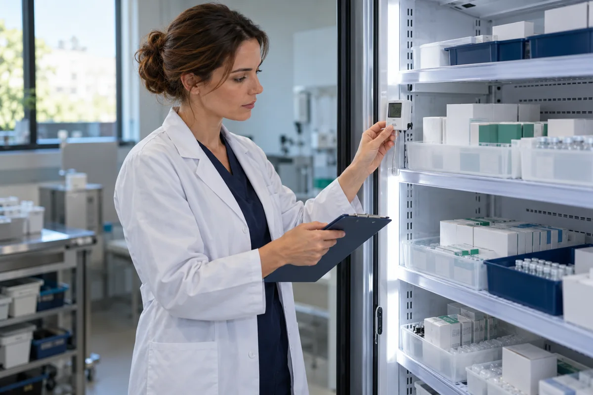 Pharmacienne contrôlant un thermomètre près du réfrigérateur de l’officine
