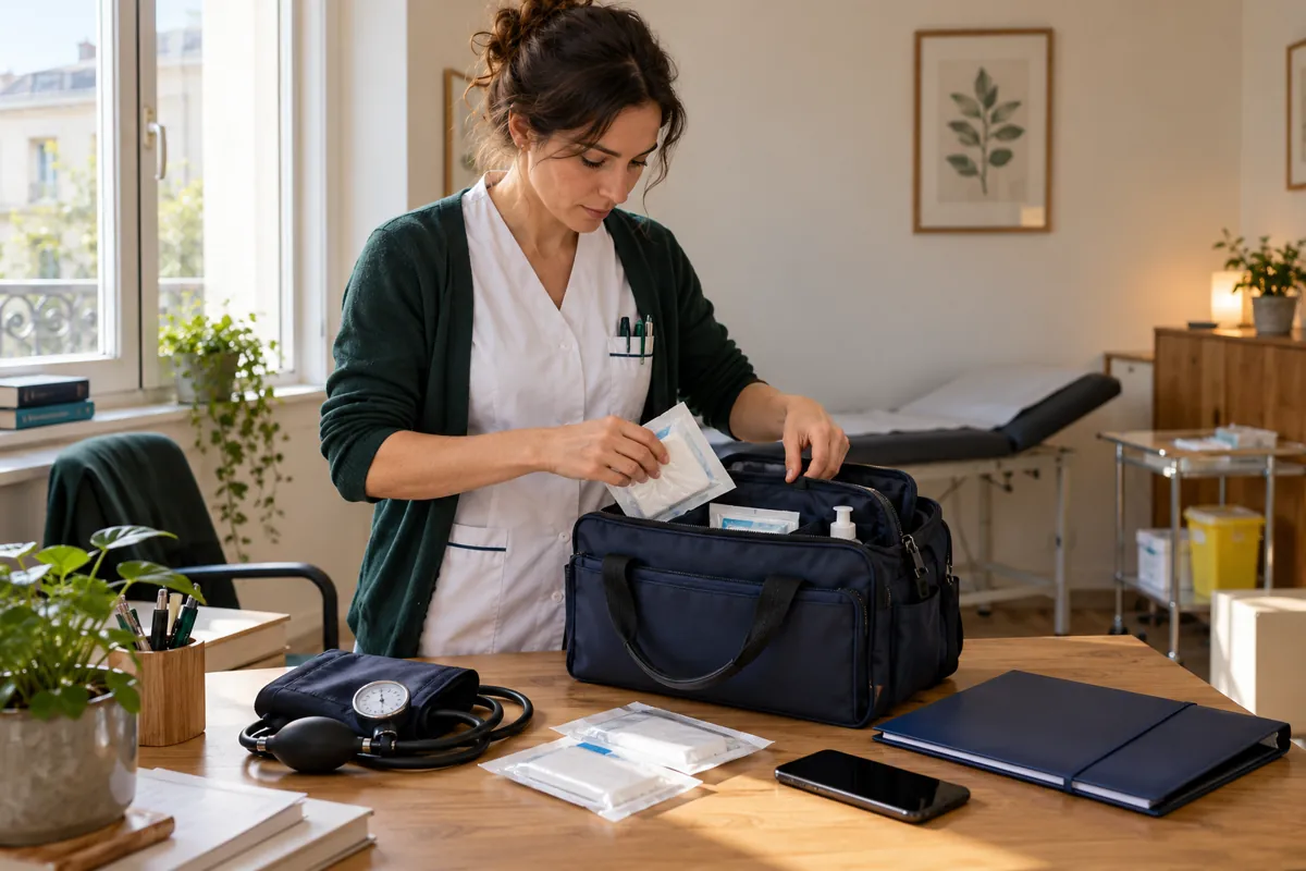 Infirmière préparant une sacoche de soins avec du matériel conditionné dans un cabinet