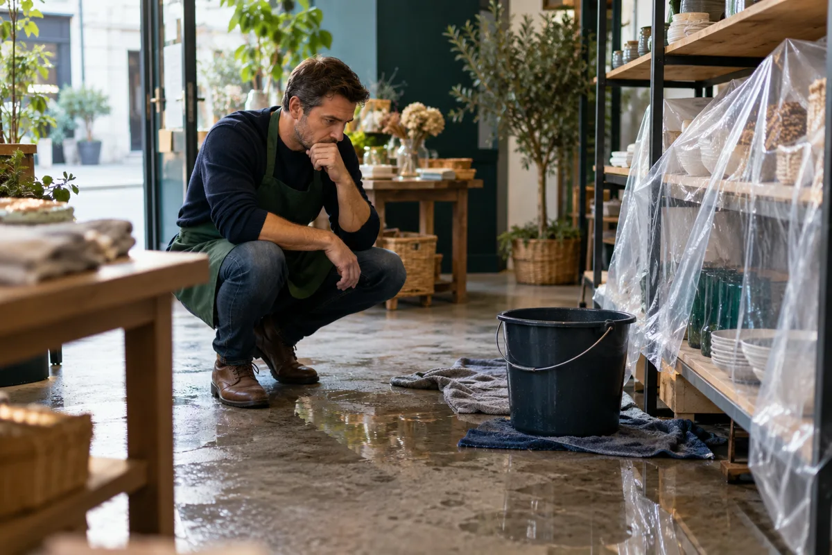 Commerçant examinant un dégât des eaux dans sa boutique
