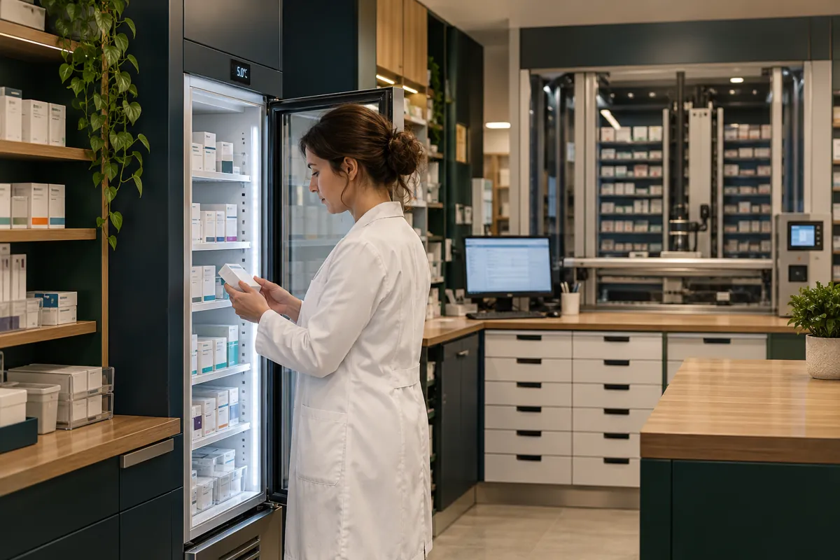 Pharmacienne devant une enceinte réfrigérée et un système de stockage automatisé en officine