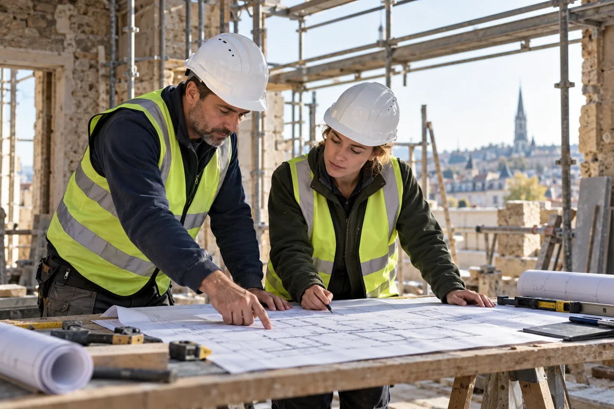 Deux artisans examinant un plan sur un chantier de rénovation